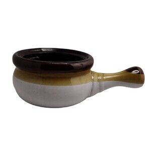 Vintage Stoneware French Onion Soup Crock Bowl W/ Handle Brown Tricolor Chili